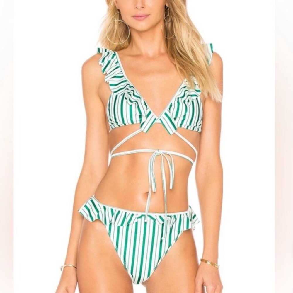 Lovers + Friends Green and White Striped Ruffle Tie Bikini